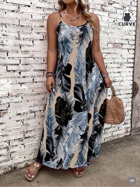 Curve Tropical Leaf Maxi Dress in Blue and Beige